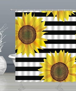 Black and White Sunflower Shower Curtain on Patterning Background with Metal Hooks for Bathroom Decor