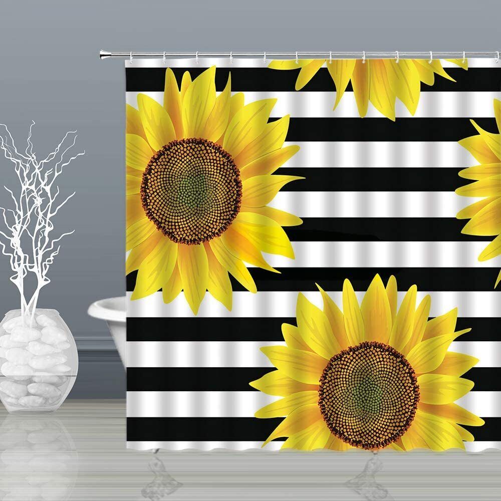 Black and White Sunflower Shower Curtain on Patterning Background with Metal Hooks for Bathroom Decor