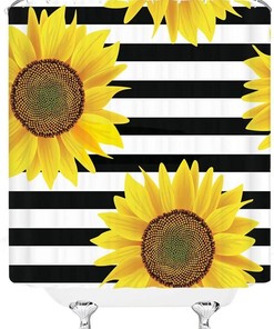 Black and White Sunflower Shower Curtain on Patterning Background with Metal Hooks for Bathroom Decor
