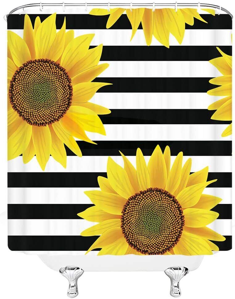 Black and White Sunflower Shower Curtain on Patterning Background with Metal Hooks for Bathroom Decor