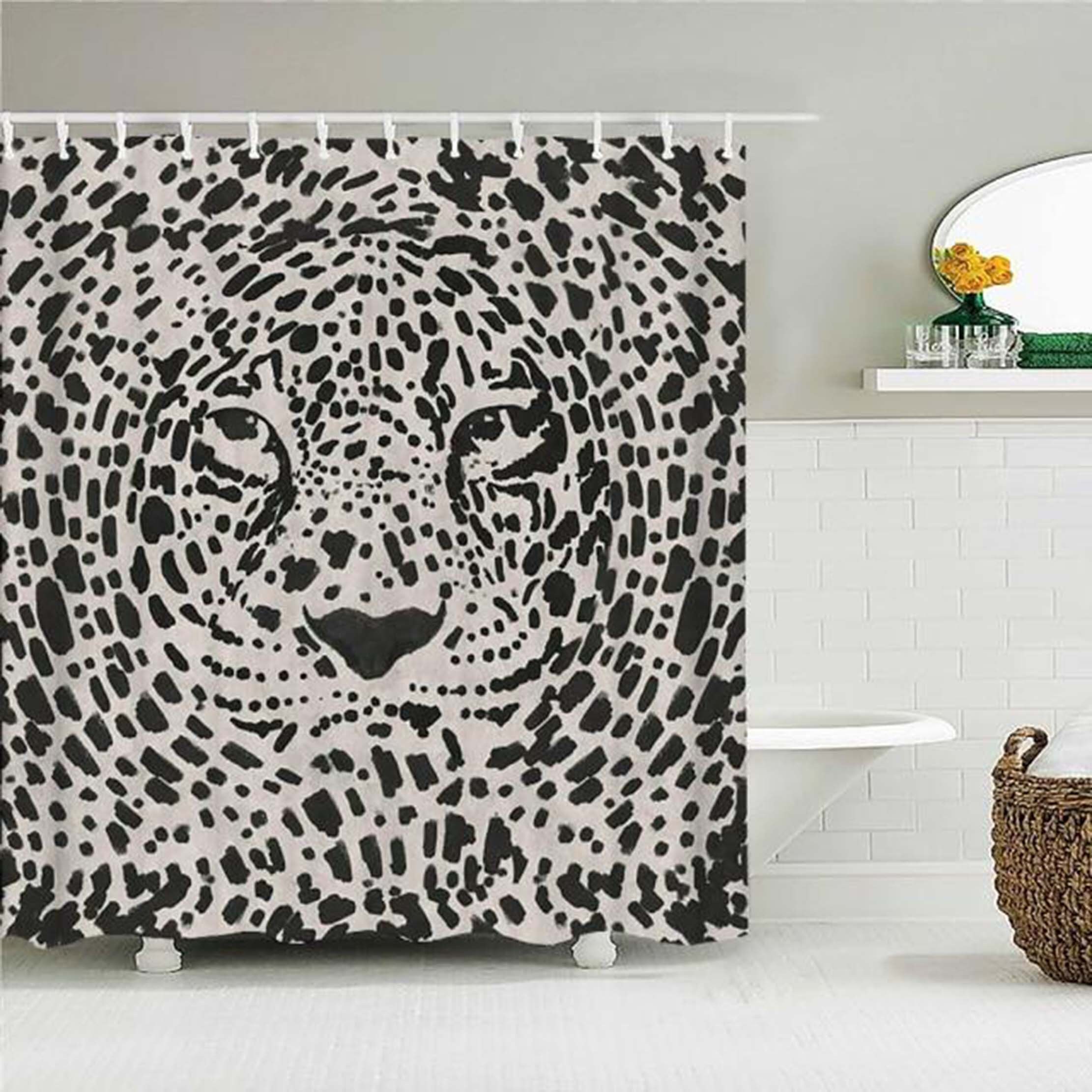 Black and White Tiger Leopard Jungle Shower Curtain for Wildlife Bathroom Decor