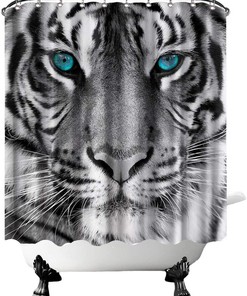Black and White Tiger Shower Curtain with Wild Animal and Blue Eyes Design 