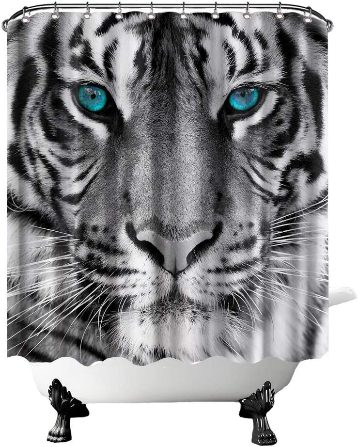 Black and White Tiger Shower Curtain with Wild Animal and Blue Eyes Design