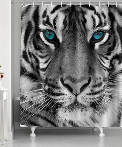 Black and White Tiger Shower Curtain with Wild Animal and Blue Eyes Design