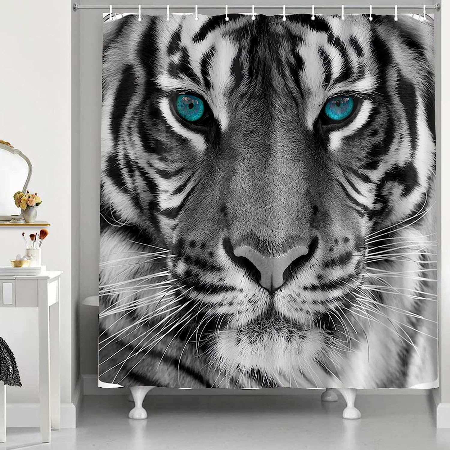 Black and White Tiger Shower Curtain with Wild Animal and Blue Eyes Design