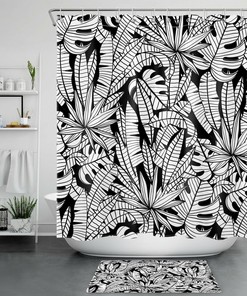 Black and White Tropical Nature Plant Shower Curtain with Summer Bathroom Accessories