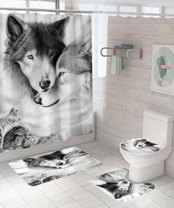 Black and White Wolf Bathroom Shower Curtain with Animal Print 