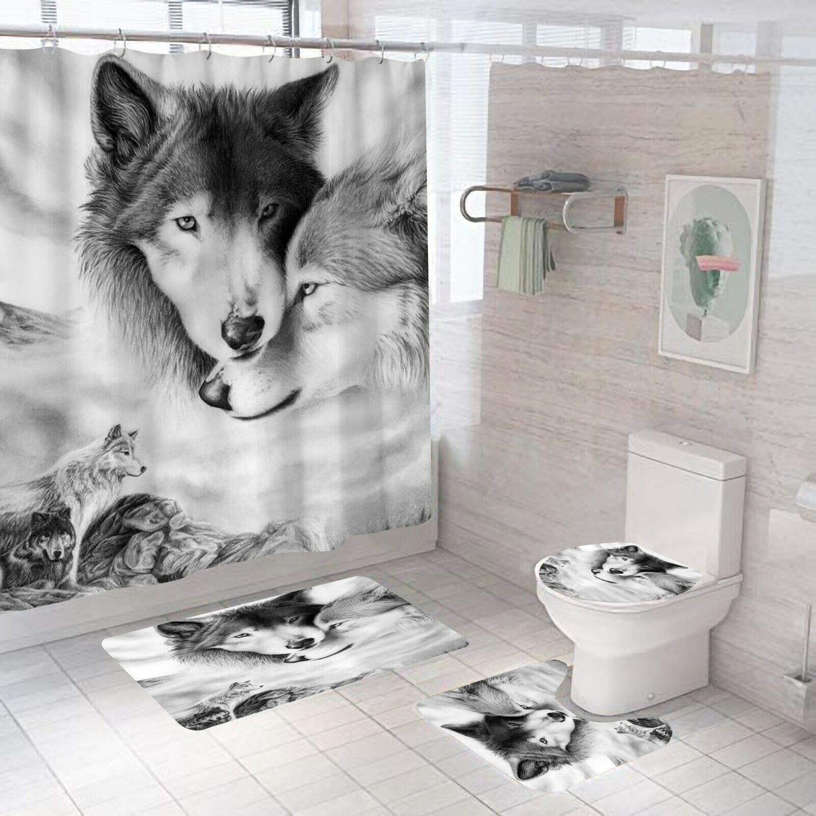 Black and White Wolf Bathroom Shower Curtain with Animal Print
