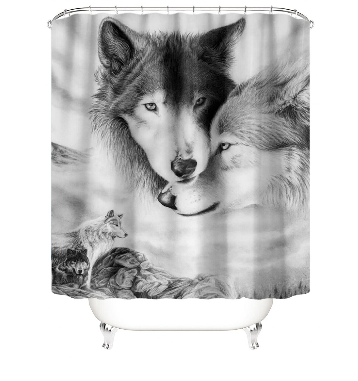 Black and White Wolf Bathroom Shower Curtain with Animal Print