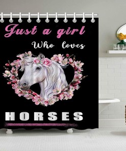 Black and White Wreath White Horse Shower Curtain for Modern Bathroom Decor 