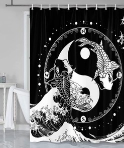 Black and White Yin Yang Koi Fish Compass Japanese Wave Fabric Shower Curtain for Bathroom Decor