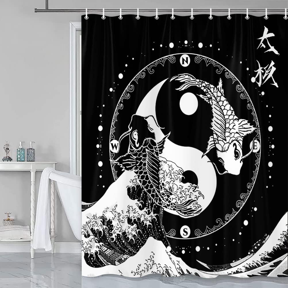 Black and White Yin Yang Koi Fish Compass Japanese Wave Fabric Shower Curtain for Bathroom Decor