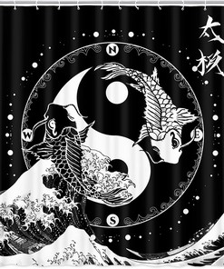 Black and White Yin Yang Koi Fish Compass Japanese Wave Fabric Shower Curtain for Bathroom Decor