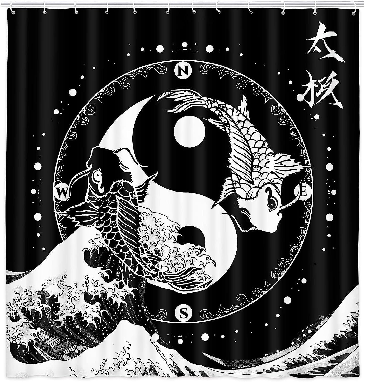 Black and White Yin Yang Koi Fish Compass Japanese Wave Fabric Shower Curtain for Bathroom Decor