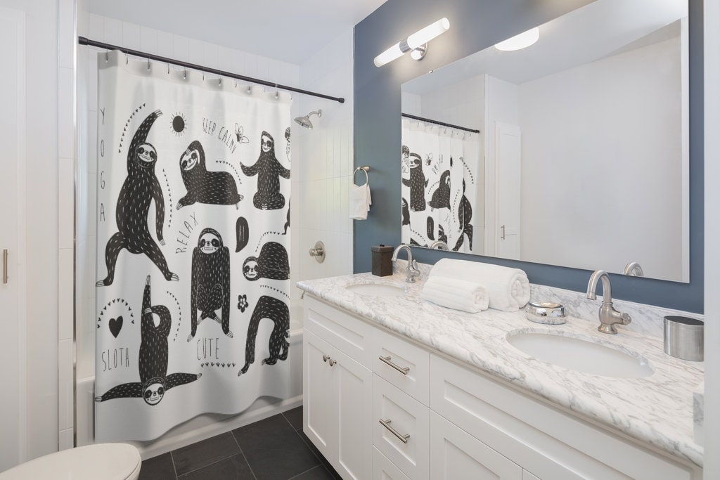Black and White Yoga Sloth Shower Curtain for a Relaxing Space