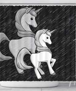Black-White Unicorn Print Shower Curtain For Magical Bathroom Decor