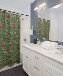 Blackthorn Green & Red William Morris Shower Curtain - Mold Resistant Bath Accessory