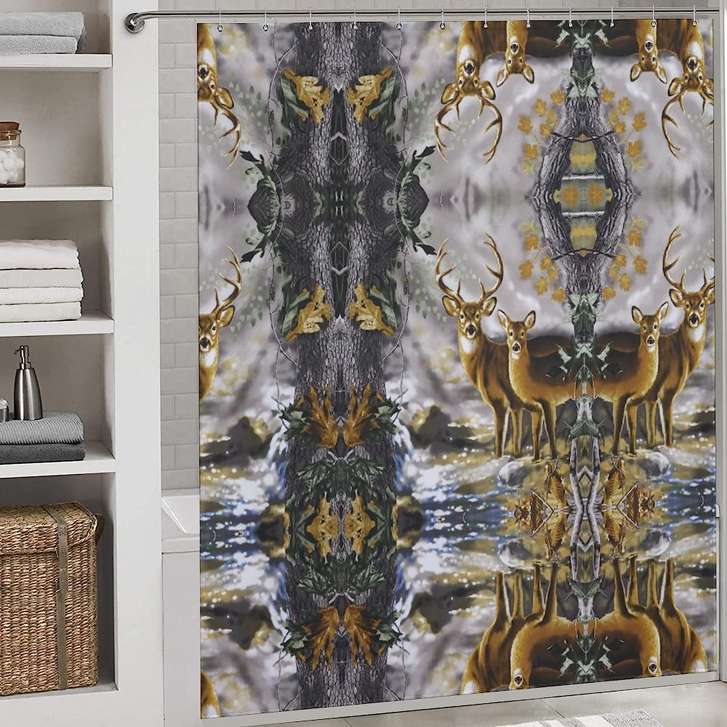 Blend In With Nature With This Nordic Tree Camouflage Deer Shower Curtain, Ideal For Any Bathroom Decor