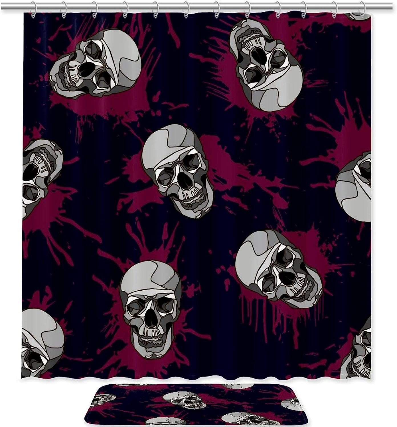 Blood Splatter and Skull Print Shower Curtain for a Gruesome and Scary Bathroom Theme