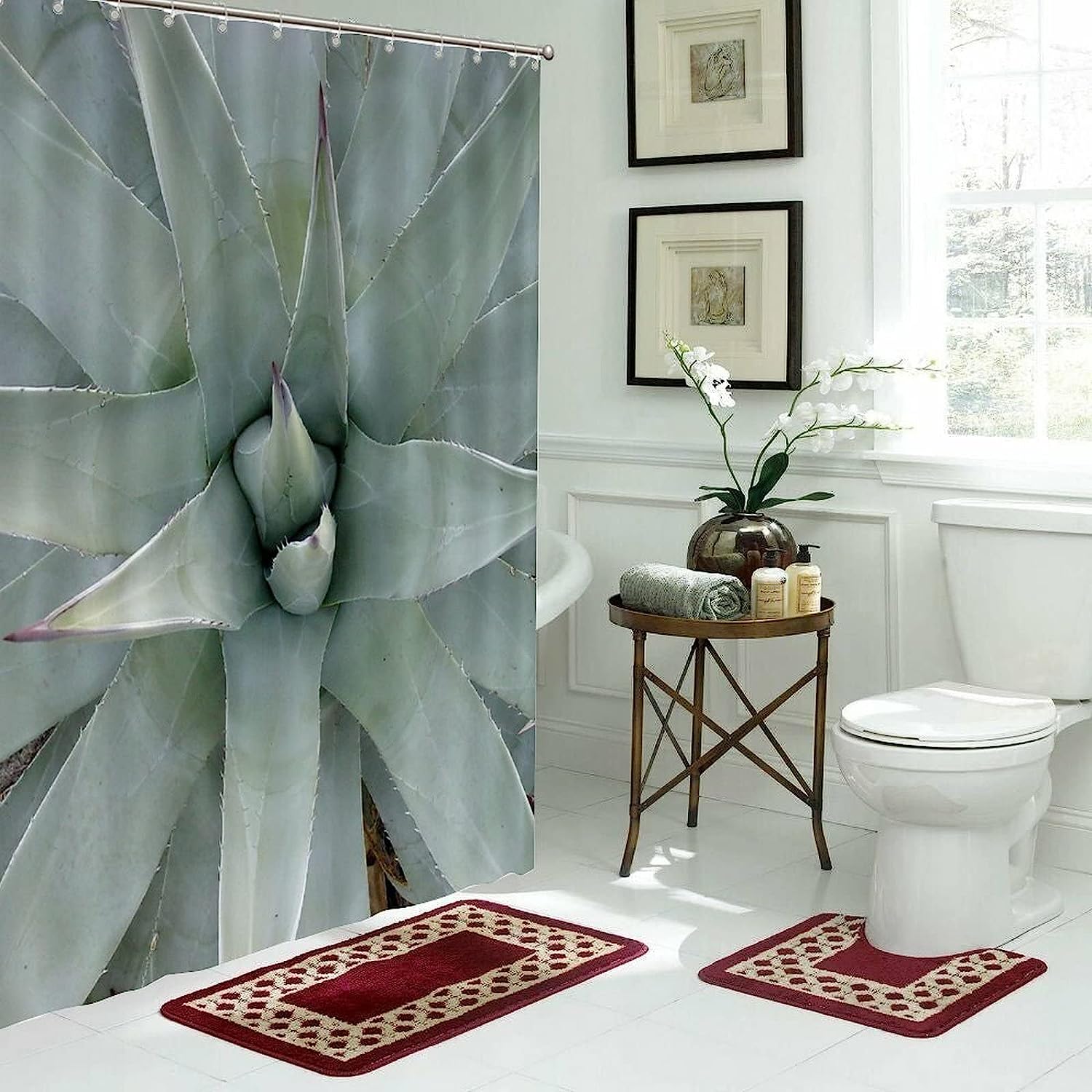 Bloom Flower Shower Curtain | Tropical Plants Succulents Green Cactus Washable Bath Decor