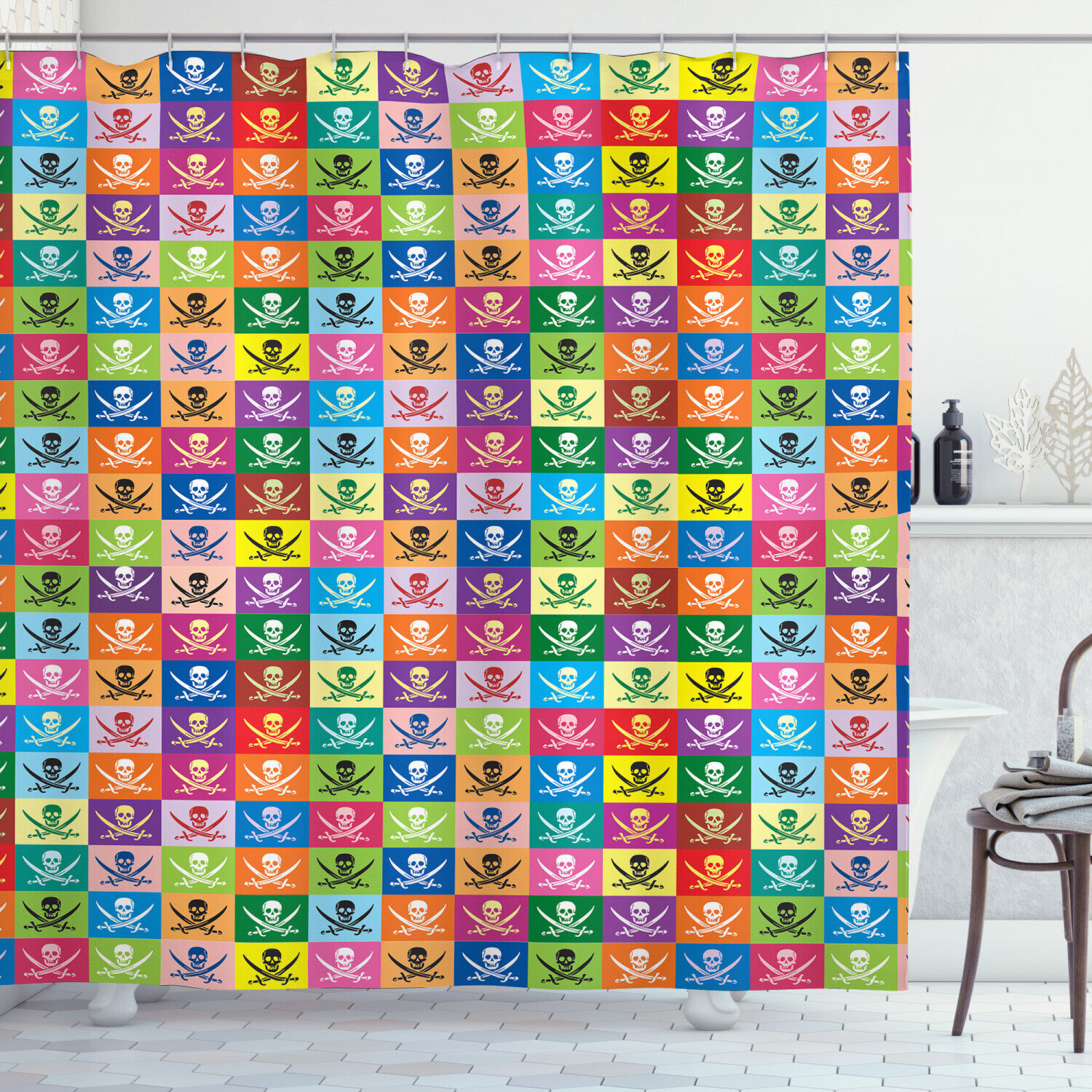 Bloom Skull with Flowers Fabric Shower Curtain, Gothic Bathroom Decor