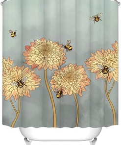 Blooming Chrysanthemum Flying Bees Fabric Shower Curtain for Bathroom Decor