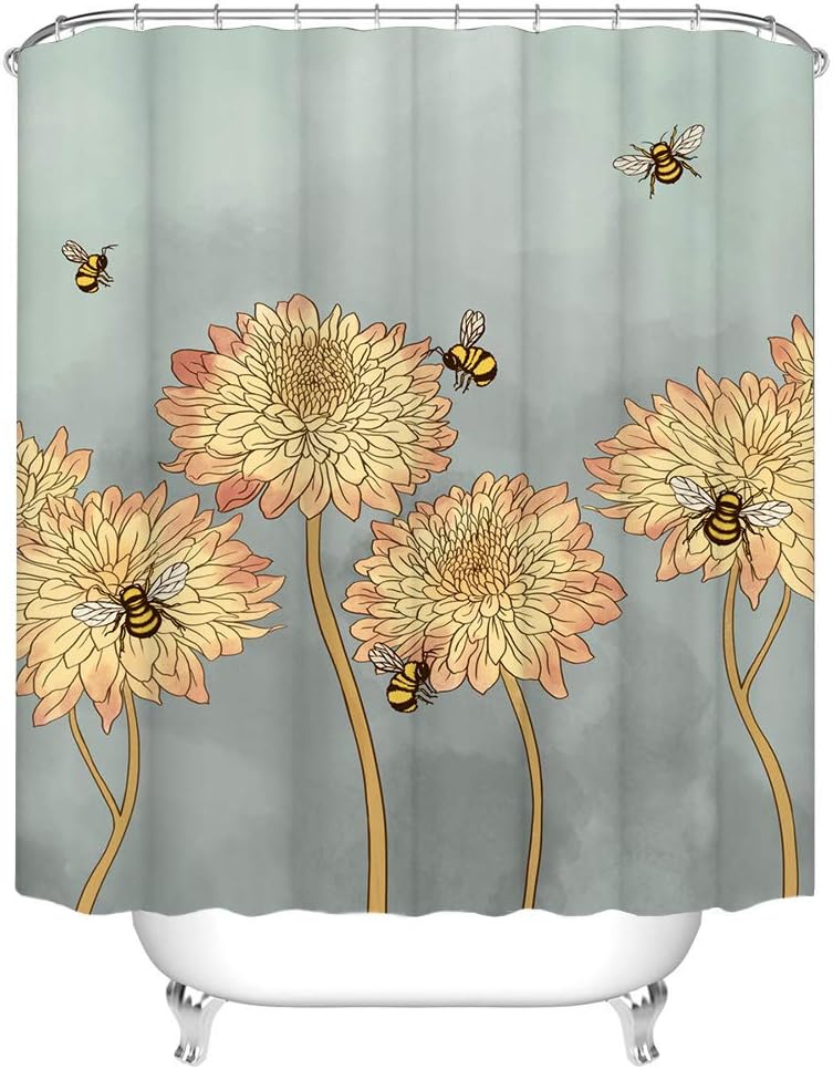 Blooming Chrysanthemum Flying Bees Fabric Shower Curtain for Bathroom Decor