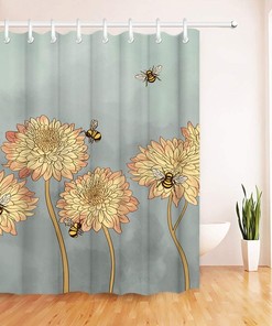 Blooming Chrysanthemum Flying Bees Fabric Shower Curtain for Bathroom Decor