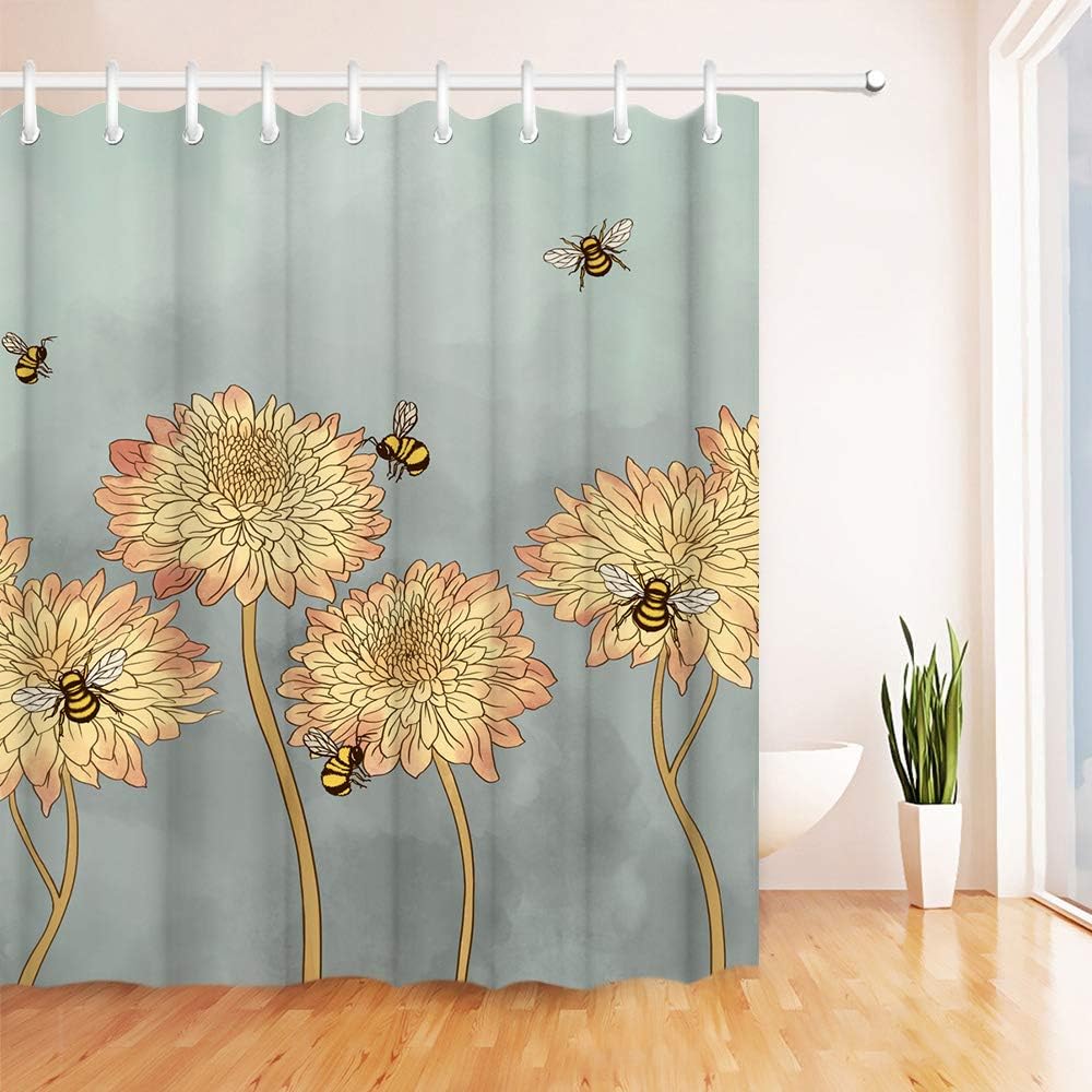 Blooming Chrysanthemum Flying Bees Fabric Shower Curtain for Bathroom Decor