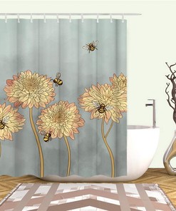 Blooming Chrysanthemum Flying Bees Fabric Shower Curtain for Bathroom Decor