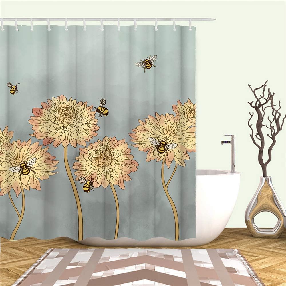 Blooming Chrysanthemum Flying Bees Fabric Shower Curtain for Bathroom Decor