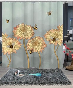Blooming Chrysanthemum Flying Bees Fabric Shower Curtain for Bathroom Decor