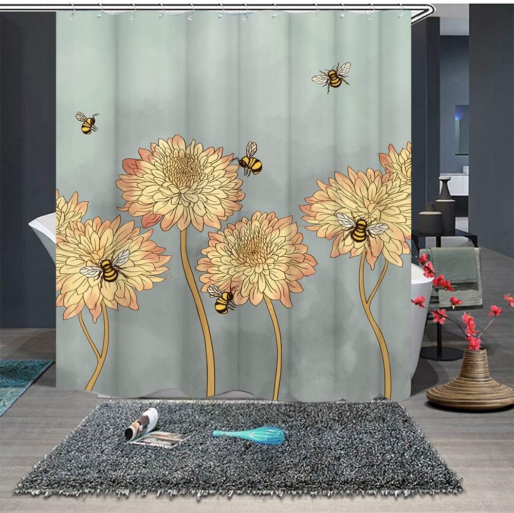 Blooming Chrysanthemum Flying Bees Fabric Shower Curtain for Bathroom Decor