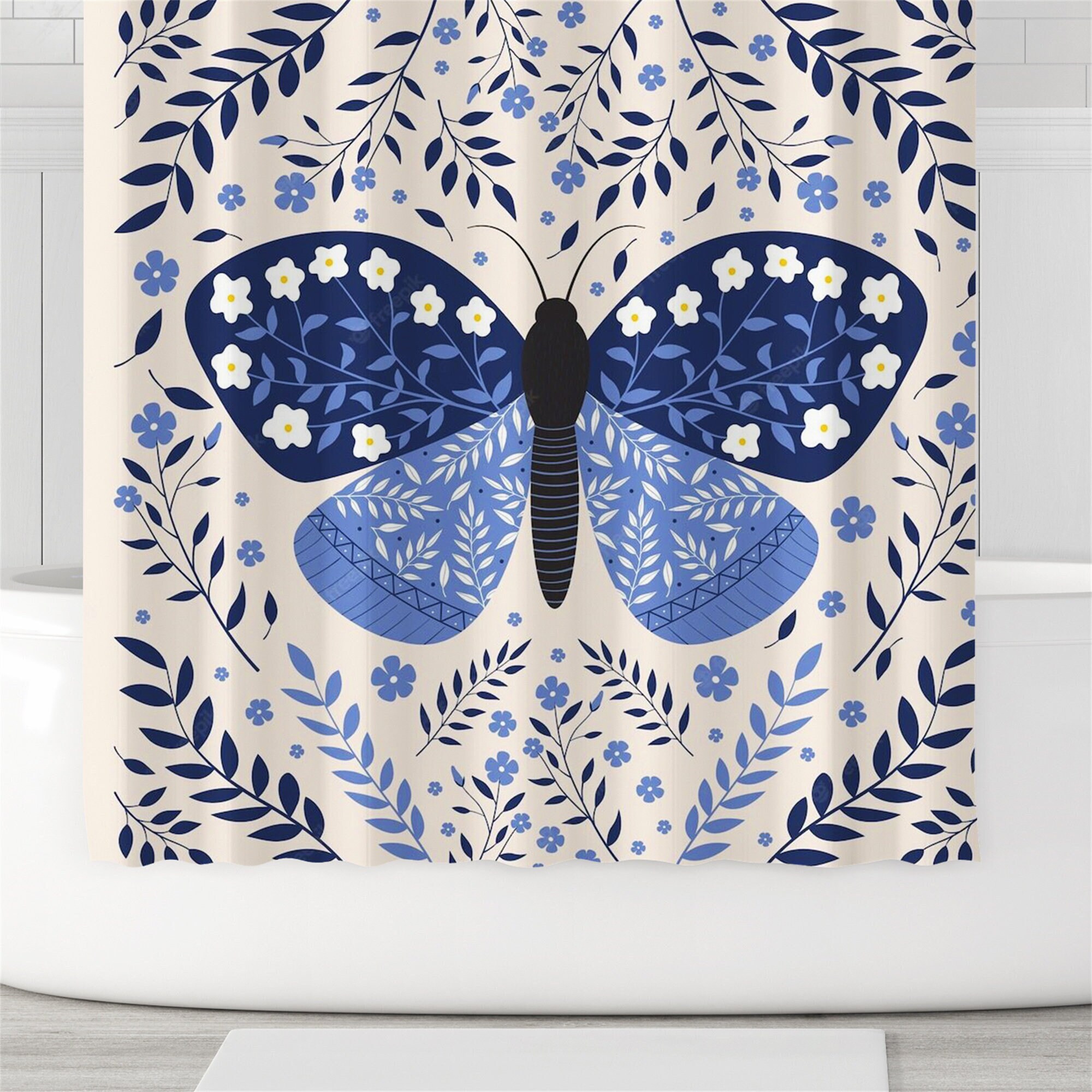 Blooming Floral Butterfly Shower Curtain Women Bath Curtain Waterproof Fabric Bathroom Decor