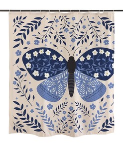 Blooming Floral Butterfly Shower Curtain Women Bath Curtain Waterproof Fabric Bathroom Decor