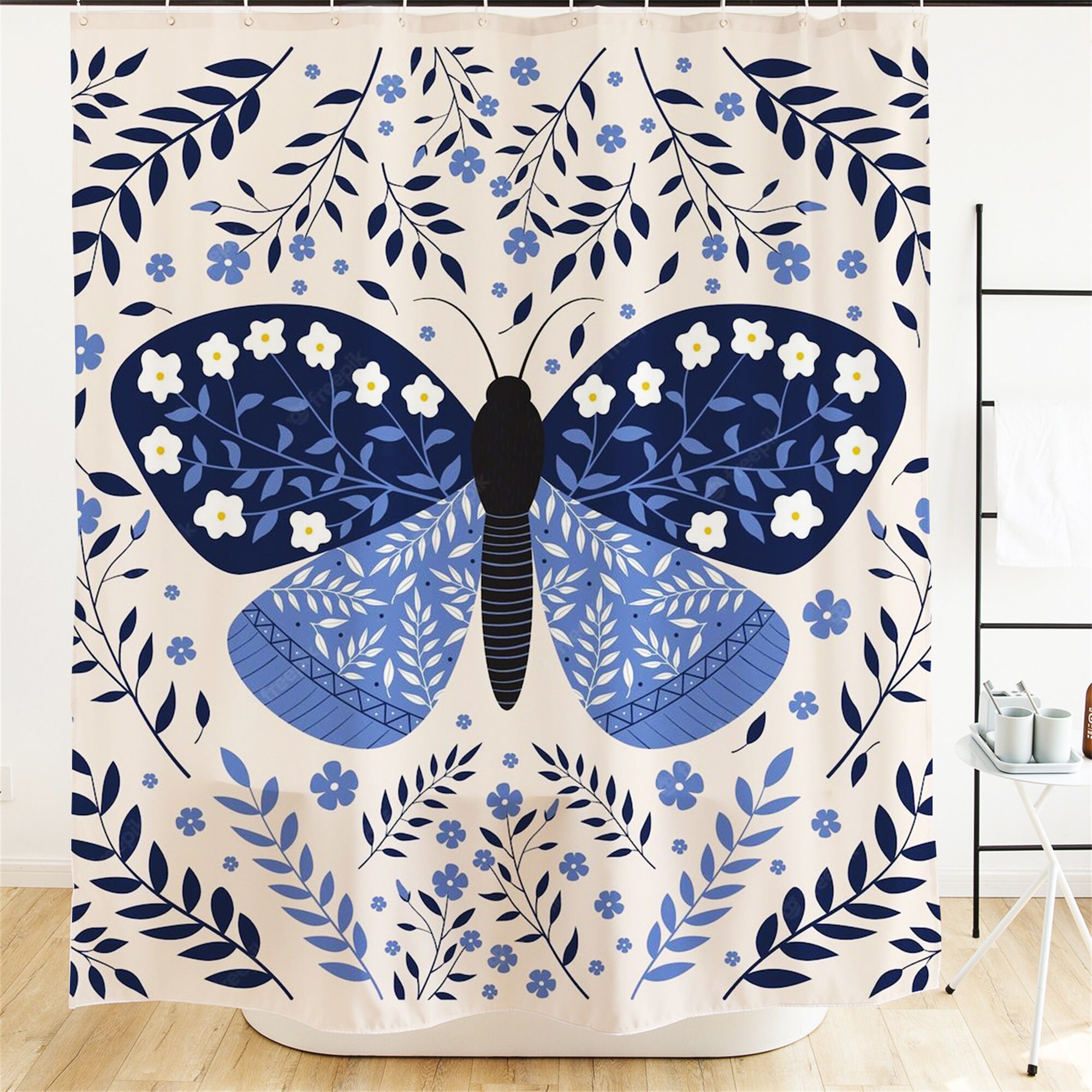 Blooming Floral Butterfly Shower Curtain Women Bath Curtain Waterproof Fabric Bathroom Decor