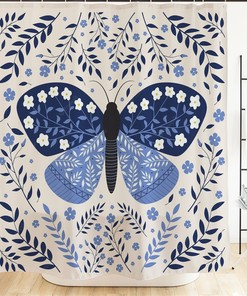 Blooming Floral Butterfly Shower Curtain Women Bath Curtain Waterproof Fabric Bathroom Decor