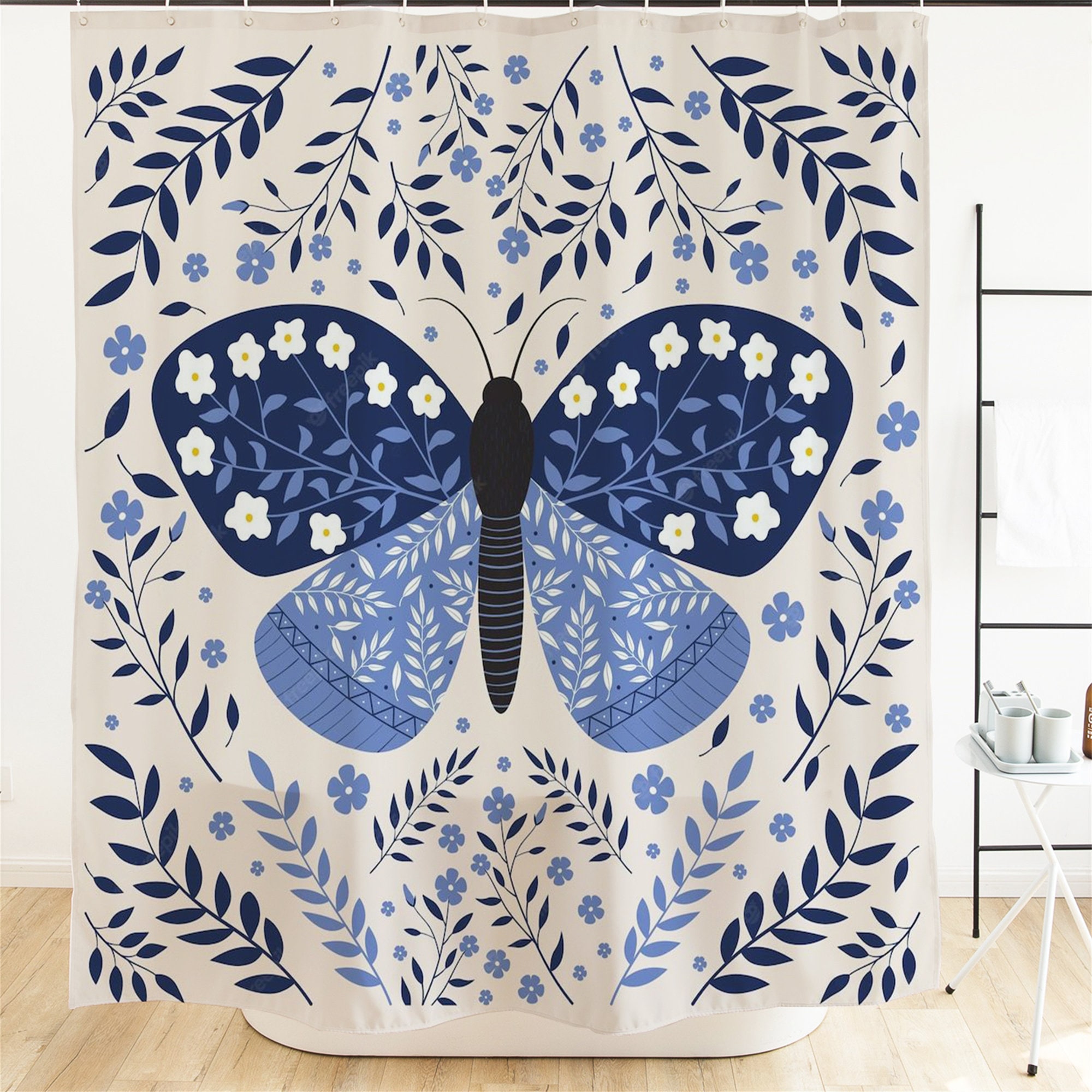 Blooming Floral Butterfly Shower Curtain Women Bath Curtain Waterproof Fabric Bathroom Decor