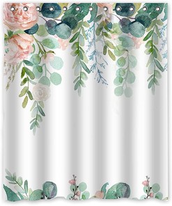 Blooming Floral Watercolor Shower Curtain with Pink Flowers and Green Leaves for Bathroom Decor