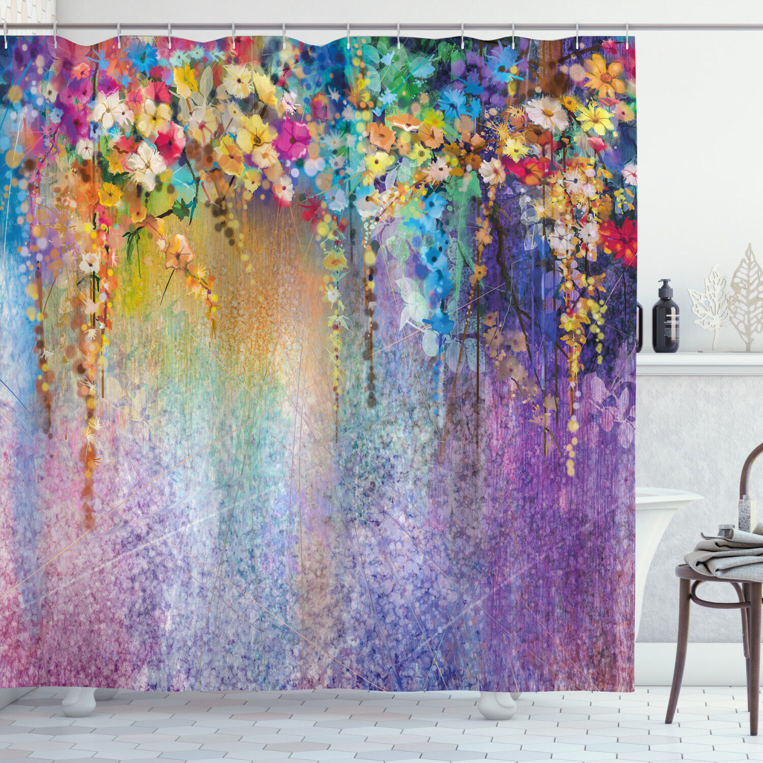 Blooming Flowers Print Fabric Shower Curtain For A Fresh Bathroom