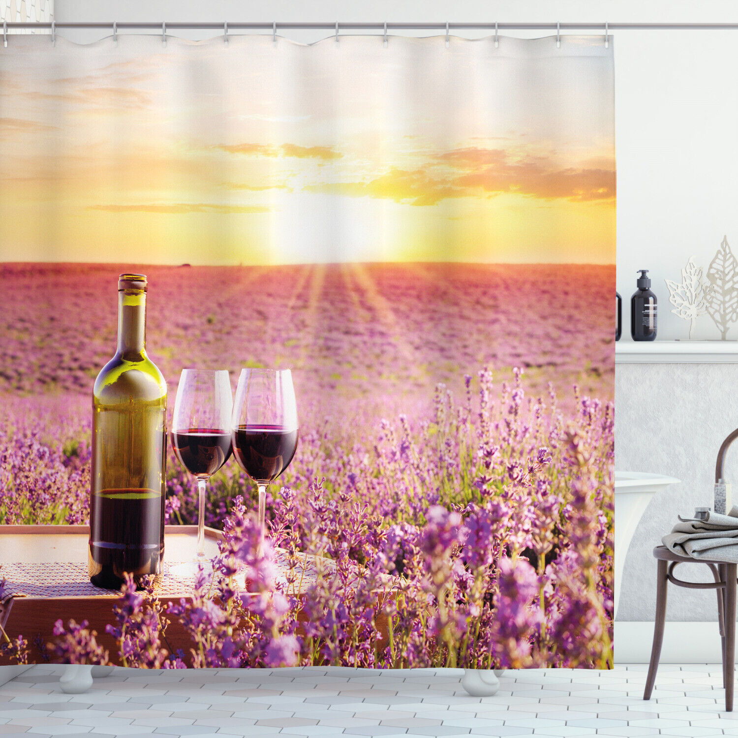 Blooming Lavender Picnic Wine Shower Curtain Print for a Romantic and Charming Bathroom Decor
