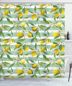 Blooming Lemon Tree On Striped Paintbrush Background Evergreen Nature Shower Curtain