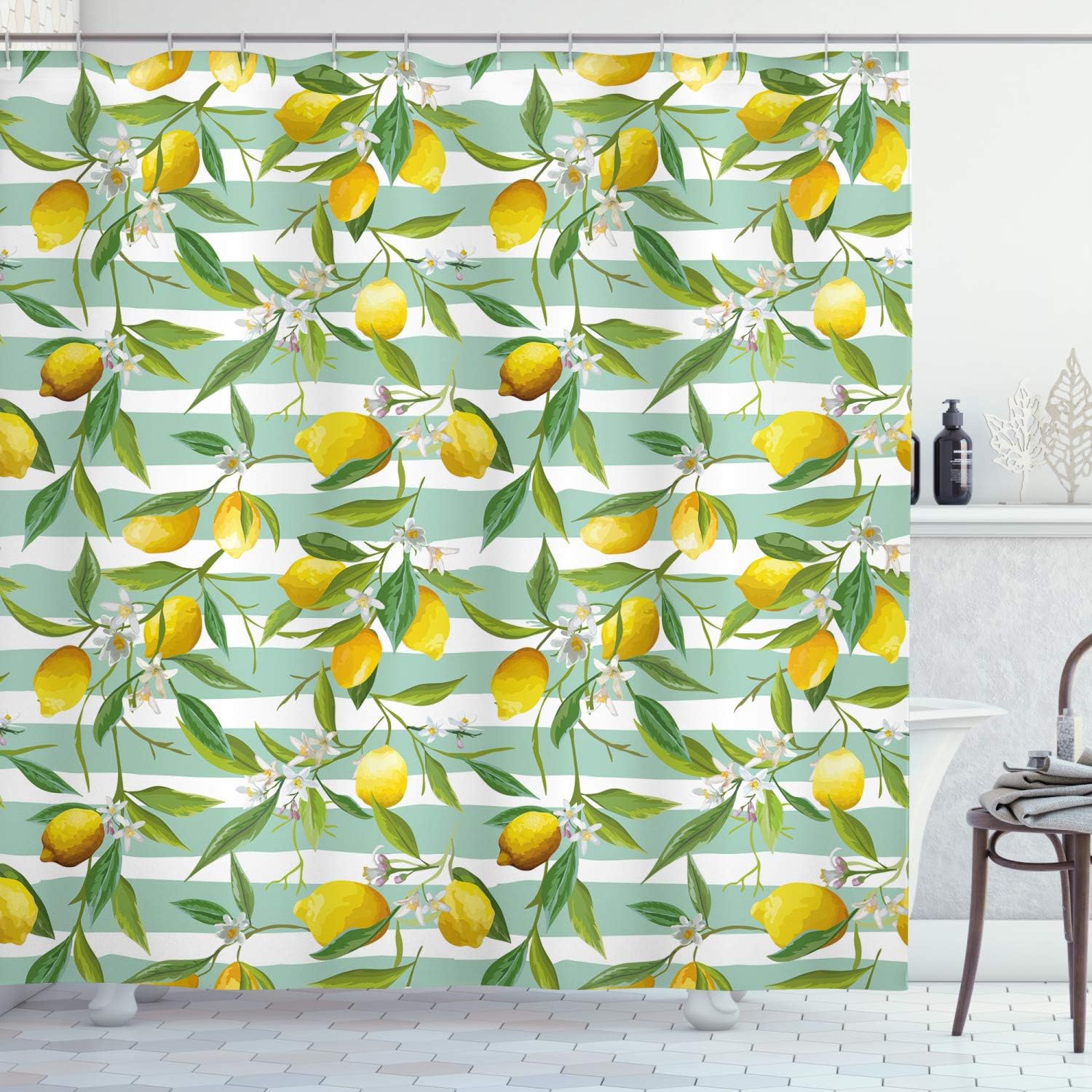 Blooming Lemon Tree On Striped Paintbrush Background Evergreen Nature Shower Curtain