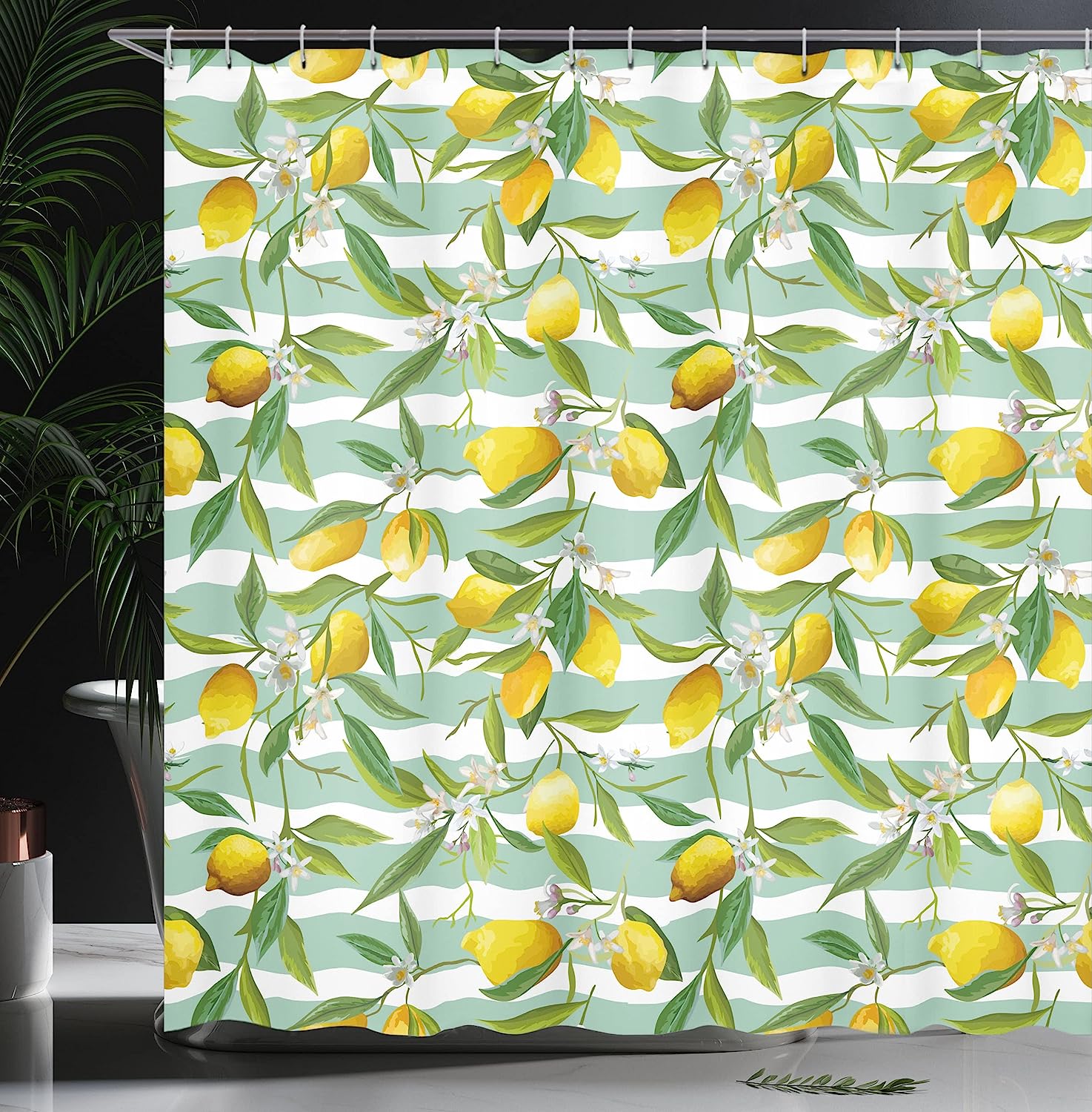 Blooming Lemon Tree On Striped Paintbrush Background Evergreen Nature Shower Curtain - Image 3