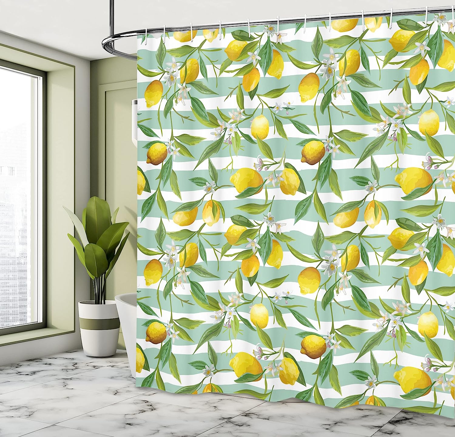 Blooming Lemon Tree On Striped Paintbrush Background Evergreen Nature Shower Curtain - Image 4