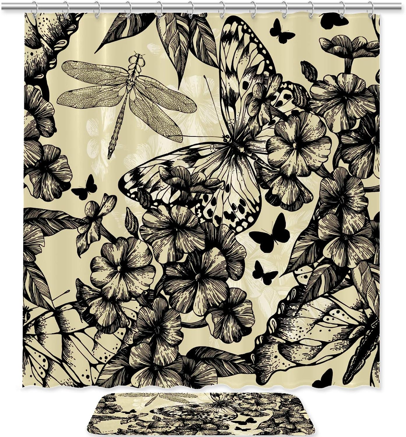 Blooming Phlox Shower Curtain With Butterflies And Dragonflies Print, Artistic Bathroom Decor