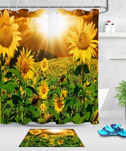 Blooming Sunflowers Field Shower Curtain - Durable, Waterproof Fabric with Sunshine and Floral Print