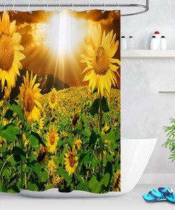 Blooming Sunflowers Field Shower Curtain - Durable, Waterproof Fabric with Sunshine and Floral Print