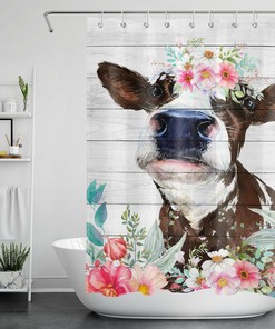 Blooming Watercolor Floral Cow Shower Curtain - Farm Animal