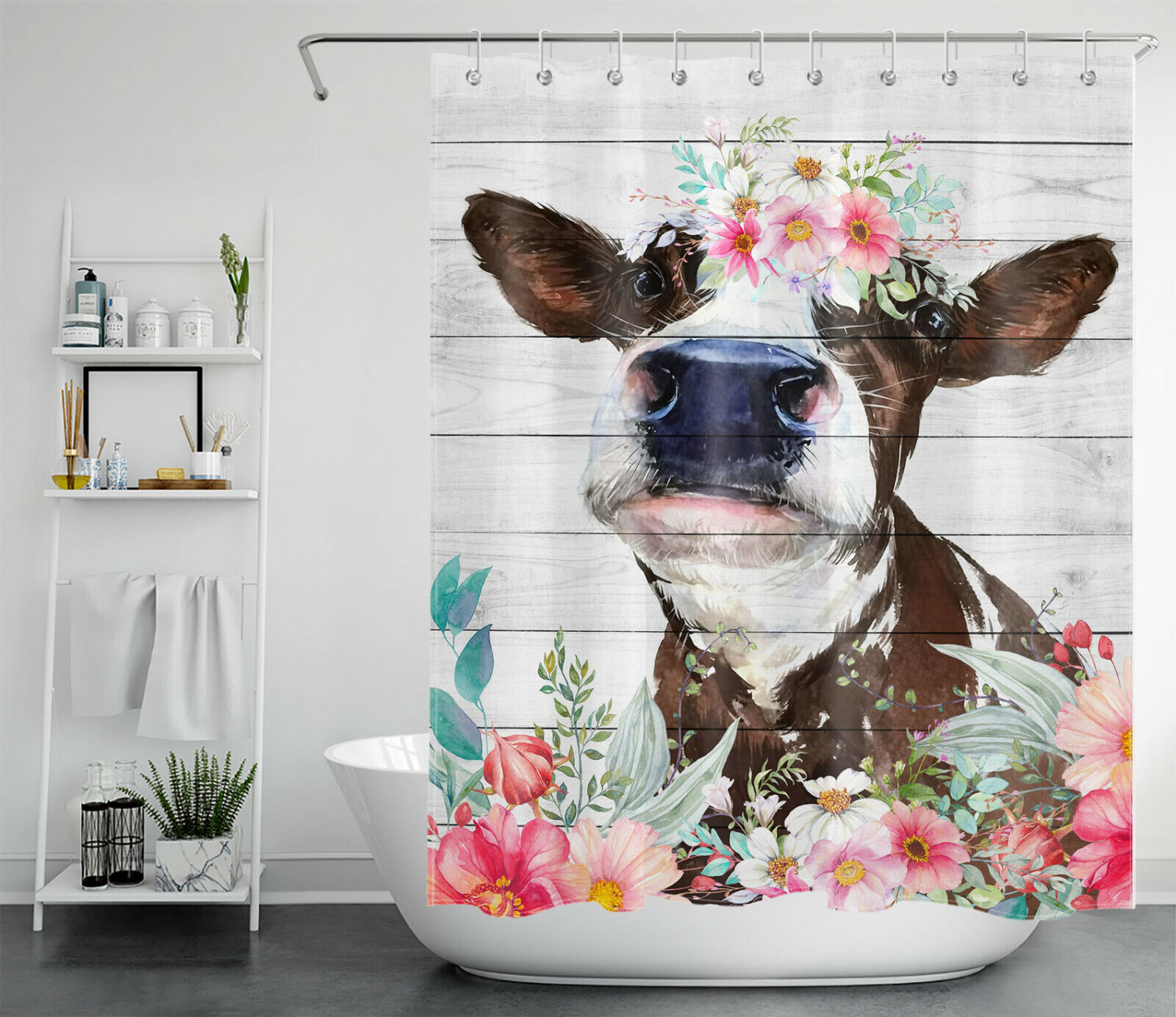 Blooming Watercolor Floral Cow Shower Curtain - Farm Animal